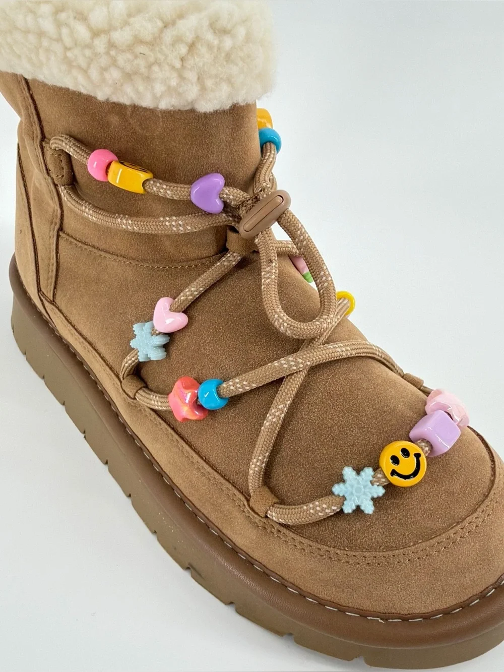 Girls Art Class Brown Faux-Sherpa Winter Boots with Colorful Bead Accents